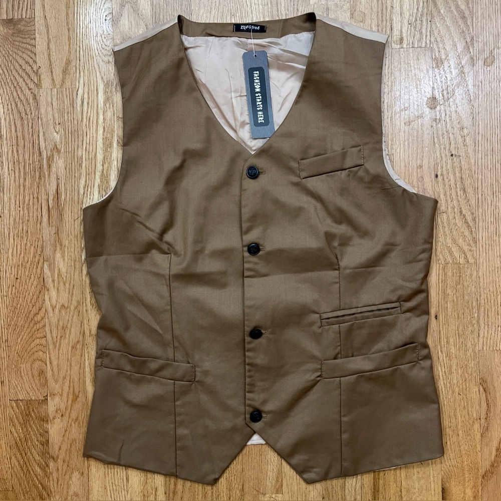 Zyfg Free. Soft Brown & Beige Mens 4 Button Cotton Vest. Sharp Looking Style!